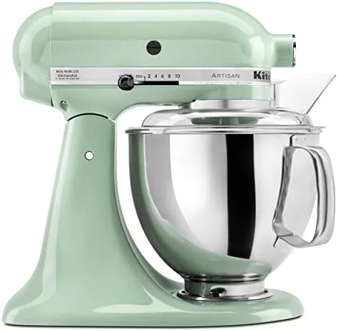 KitchenAid Artisan 5 quart stand mixer in pistachio on a counter