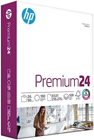HP Premium 24 lb paper ream beside a printer