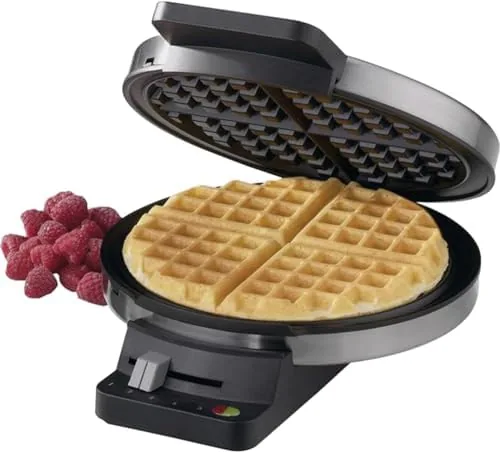 The Cuisinart WMR-CAP2 waffle maker open with a cooked waffle on the plate