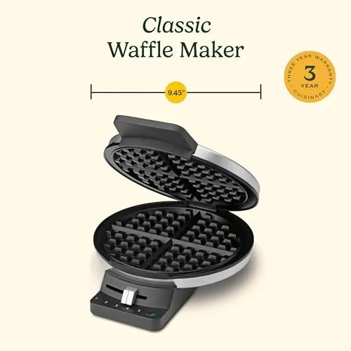 A breakfast table with fresh waffles, syrup, and fruit made with the Cuisinart