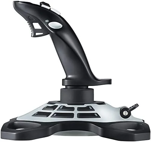 Close up of the Extreme 3D Pro handle, hat switch, and trigger