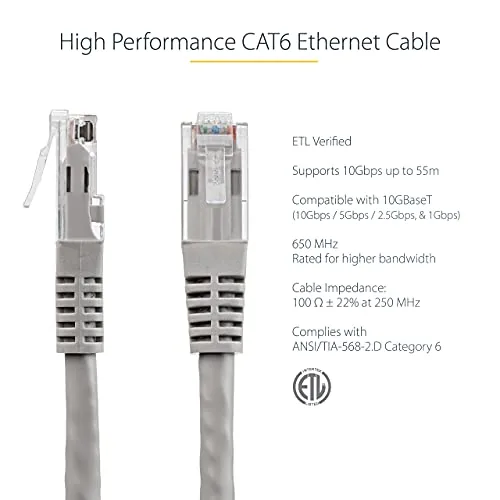 Close look at the StarTech 50ft CAT6 Ethernet Cable - Gray CAT 6 Gigabit build quality