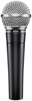 The Shure SM58 microphone on a desk stand beside its 25-ft XLR cable