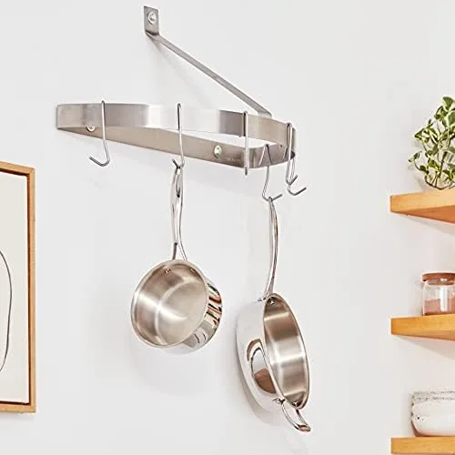 Close up of the welded hooks and brushed stainless finish on the pot rack