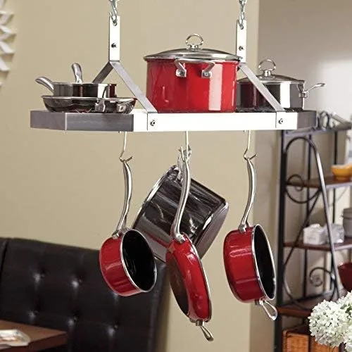 Pots and pans hanging from several sides of the octagonal rack