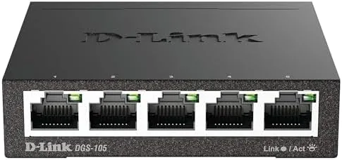 The D-Link DGS-105 switch on a desk with cables connected