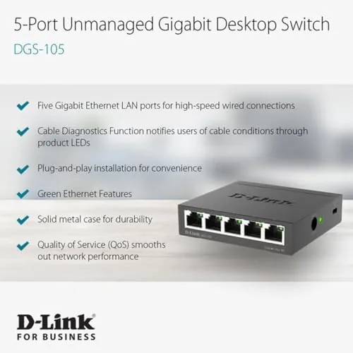 The DGS-105 connected to a router with several devices wired in