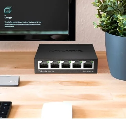 The DGS-105 wall mounted behind a desk with cables tucked away