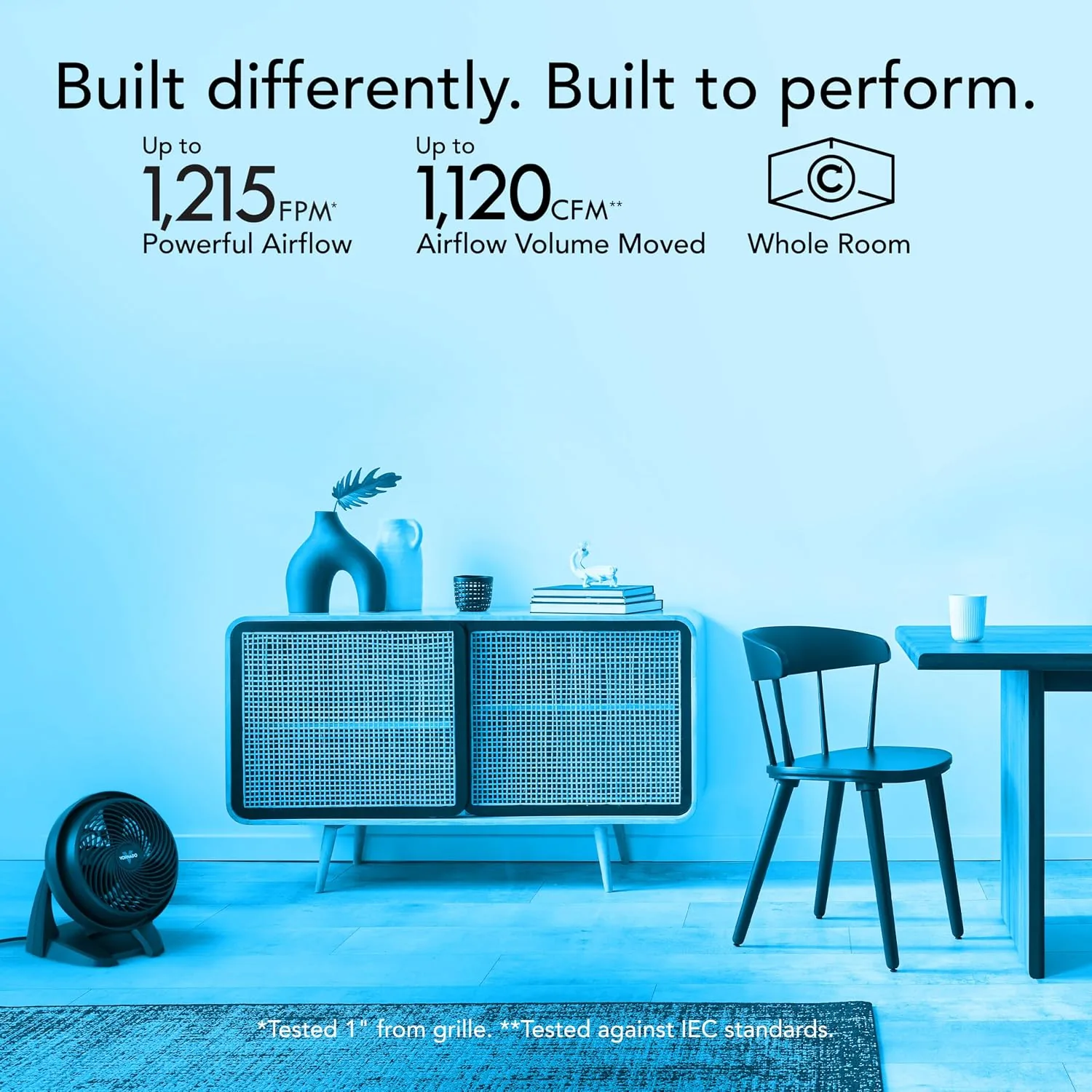 Airflow illustration showing the Vornado 630 moving air across a room