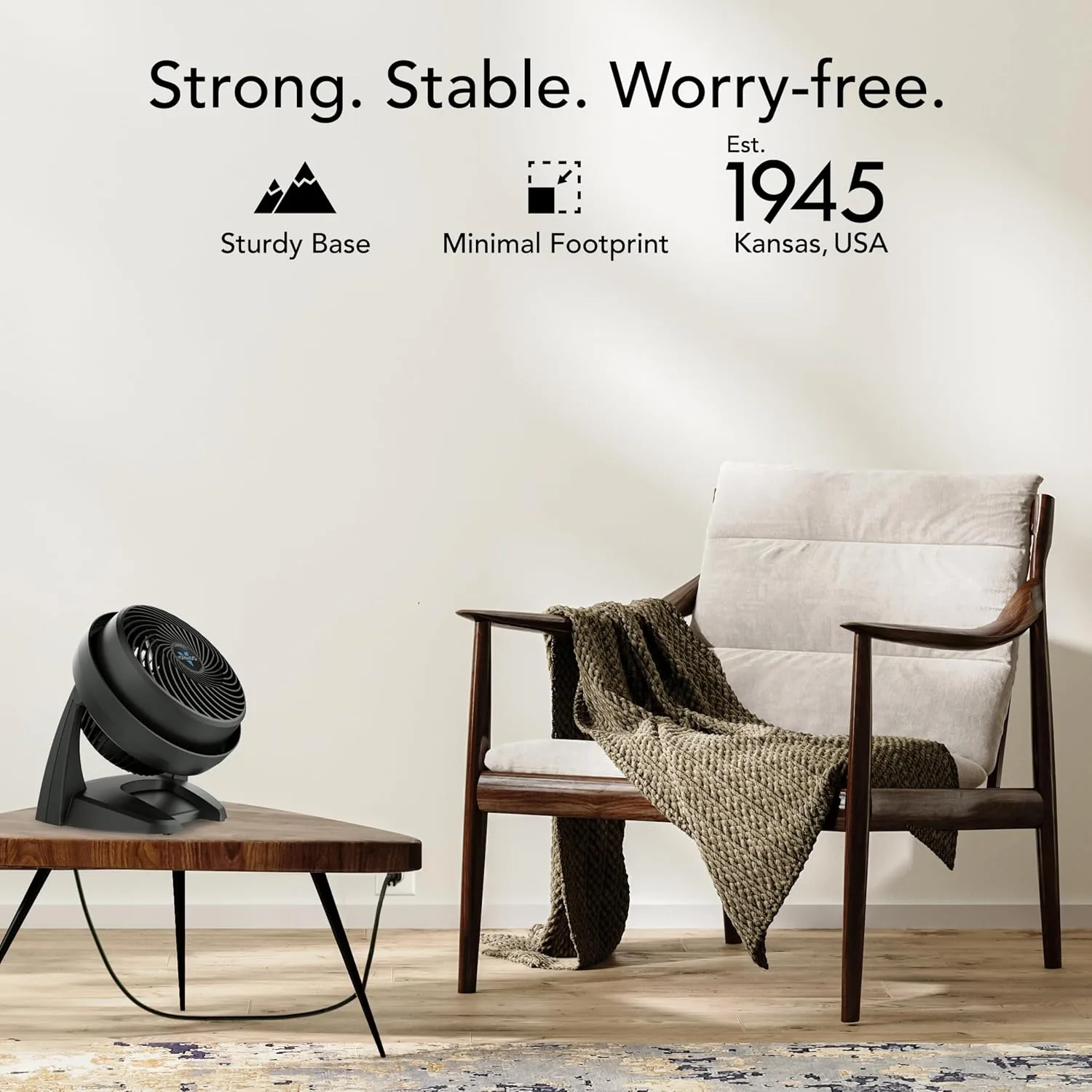 The Vornado 630 aimed at a corner of a living room to circulate evening air