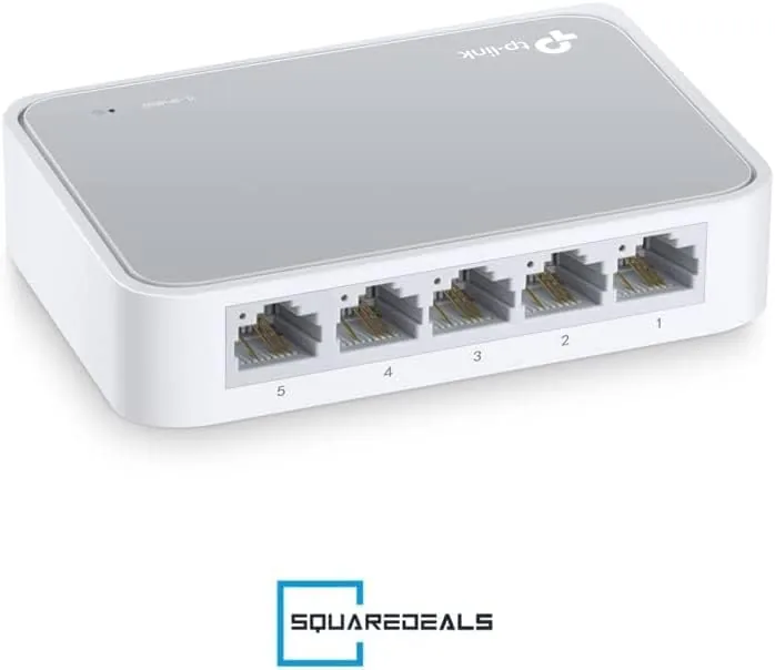 Close up of the five Ethernet ports and status LEDs on the TL-SF1005D