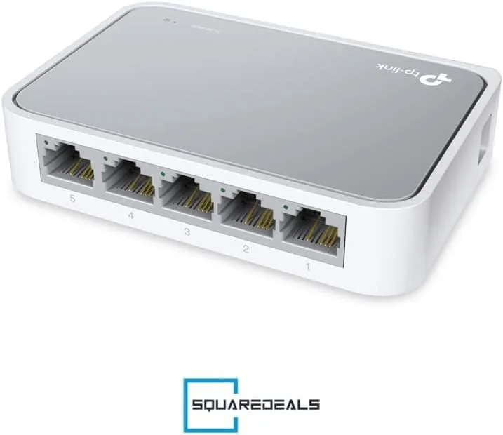 The TL-SF1005D connected to a router with several home devices wired in