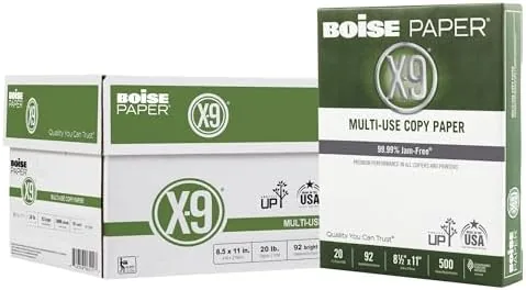Wide office scene with Boise X-9 paper feeding into a production copier