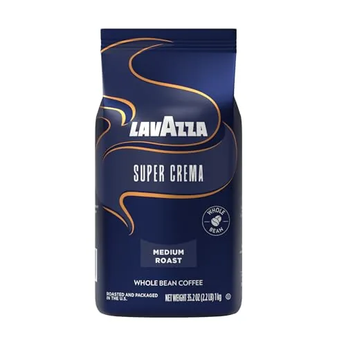 Lavazza Super Crema 2.2 pound whole bean bag on a counter
