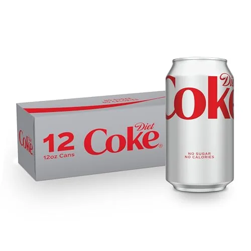A cold 12 ounce Diet Coke can opened and ready to pour over ice