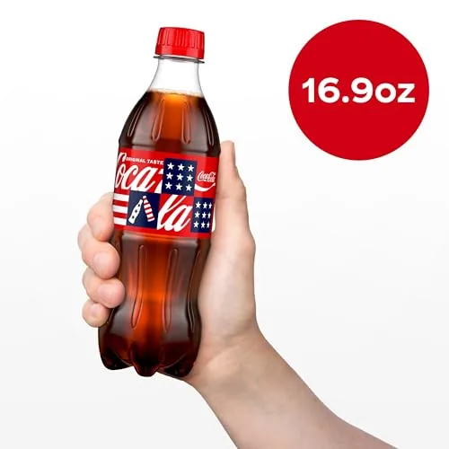 Coca Cola 16.9 ounce bottle next to a 12 ounce can and a two liter