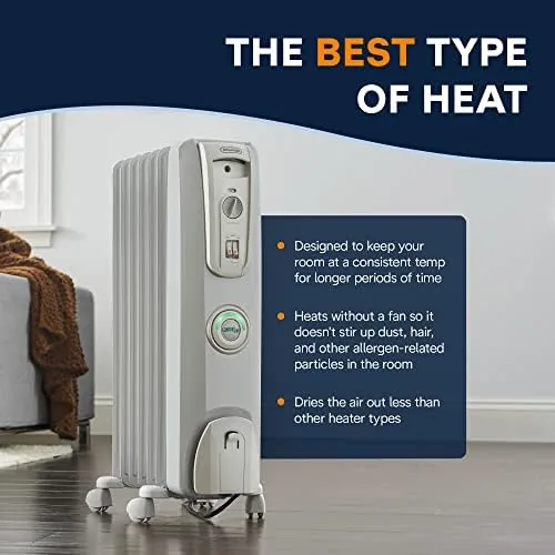 The oil radiator warming a bedroom overnight with the thermostat dialed