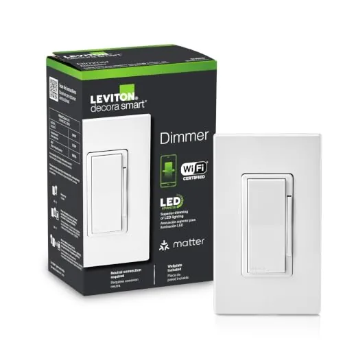 Leviton Decora Smart dimmer switch installed in a wall plate