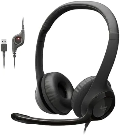 The Logitech H390 black wired headset on a desk