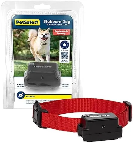 The PetSafe Stubborn Dog receiver collar on a yard fence
