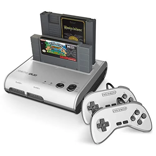 A collection of NES and SNES cartridges arranged beside the Retro Duo