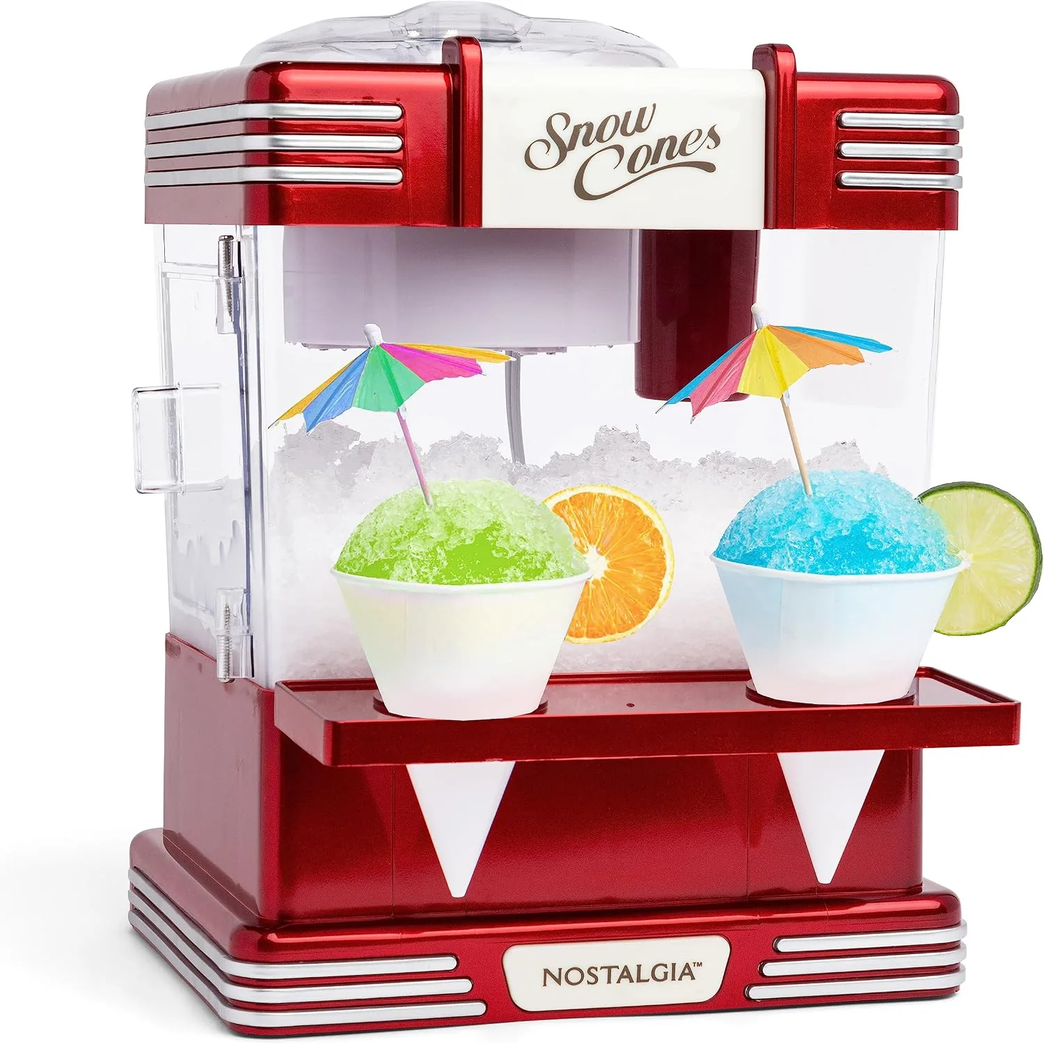 Retro red Nostalgia snow cone machine on a kitchen counter
