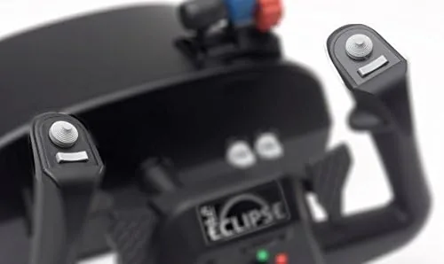 Close up of the yoke wheel, buttons, and integrated throttle controls