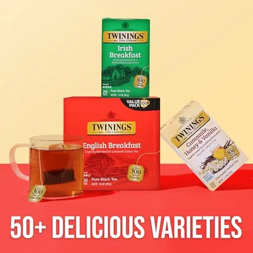 A morning breakfast table with the Twinings box, a mug, and a teapot