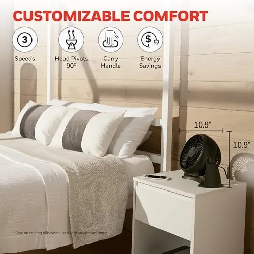 The black HT900 on a bedroom dresser aimed toward a bed