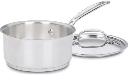 Cuisinart 1 quart stainless steel saucepan with cover on a stovetop