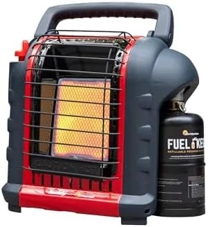 Mr. Heater Portable Buddy radiant heater sitting on a garage workbench