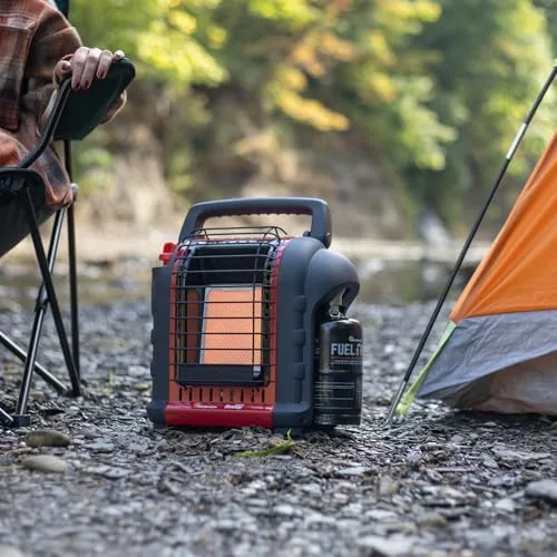 Portable Buddy next to a forced air propane heater for comparison