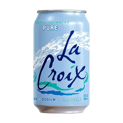 Full 12 pack of La Croix Pure sparkling water in a refrigerator