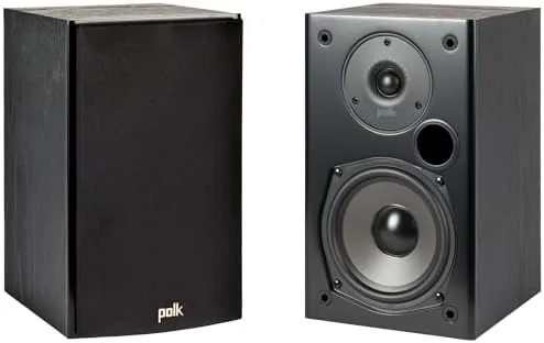 Pair of Polk Audio T15 bookshelf speakers on a media stand
