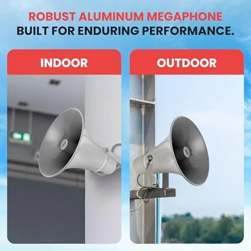 The Pyle horn speaker projecting sound across a retail space