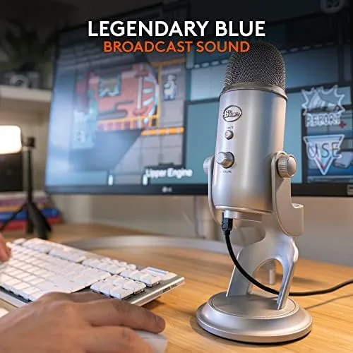 The Blue Yeti connected to a laptop with the headphone jack in use