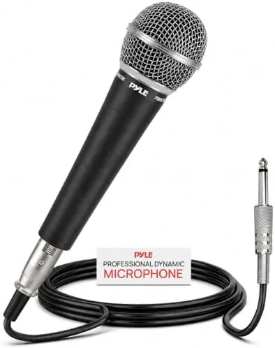 Pyle dynamic cardioid microphone on a stand with its XLR cable