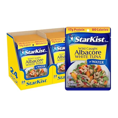 A stack of StarKist albacore tuna pouches on a kitchen counter