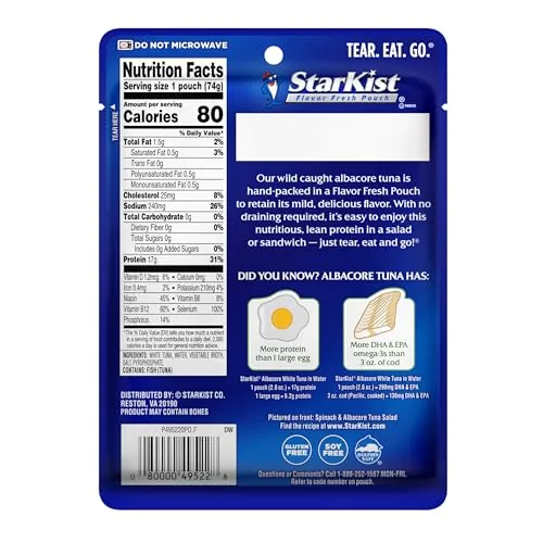 Close up of the nutrition facts and ingredient list on a StarKist pouch