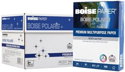 A stacked carton of Boise Premium Multipurpose Copy Paper with a printed sheet on top