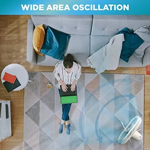 The 90 degree oscillation sweep of the fan head shown across a living room seating area