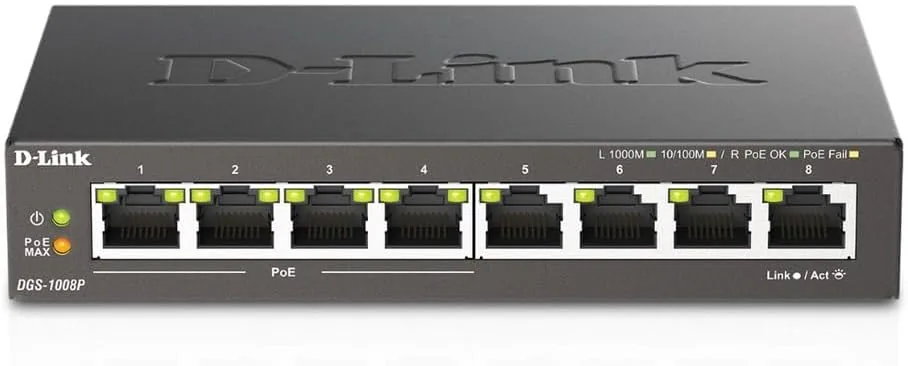 The compact metal body of the D-Link DGS-1008P switch on a desktop with Ethernet cables attached