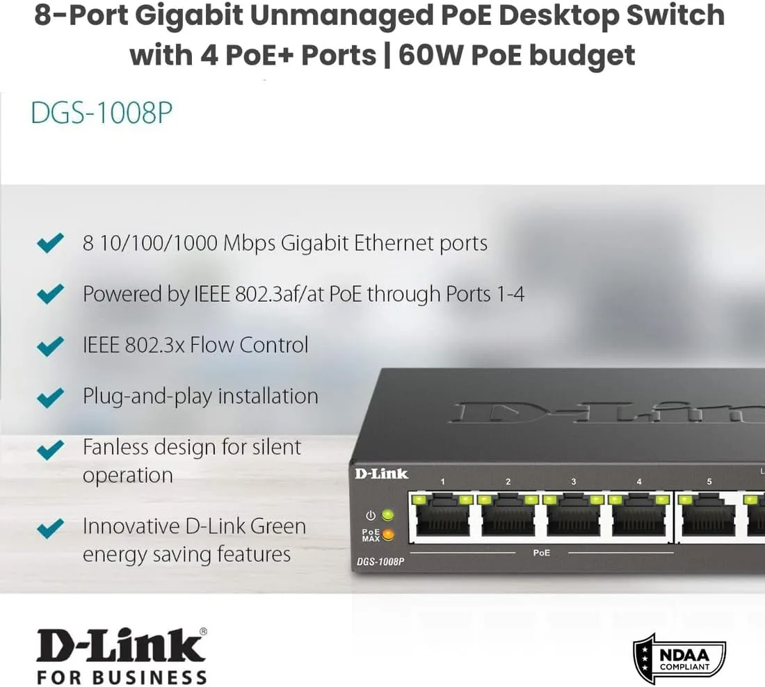 Close up of the eight gigabit ports and the PoE labeled jacks on the front of the switch