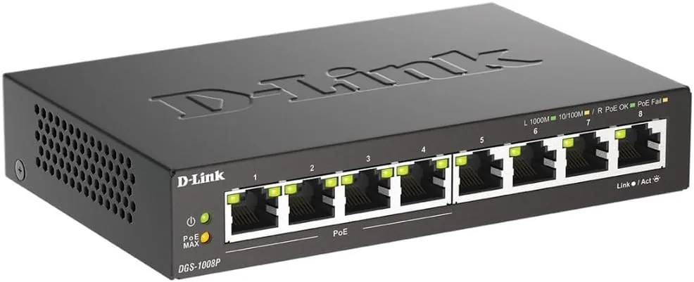The DGS-1008P switch next to a larger managed switch and a budget switch for scale