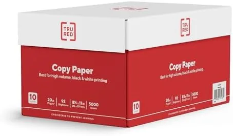 A laser printer feeding a stack of TRU RED paper cleanly through its tray