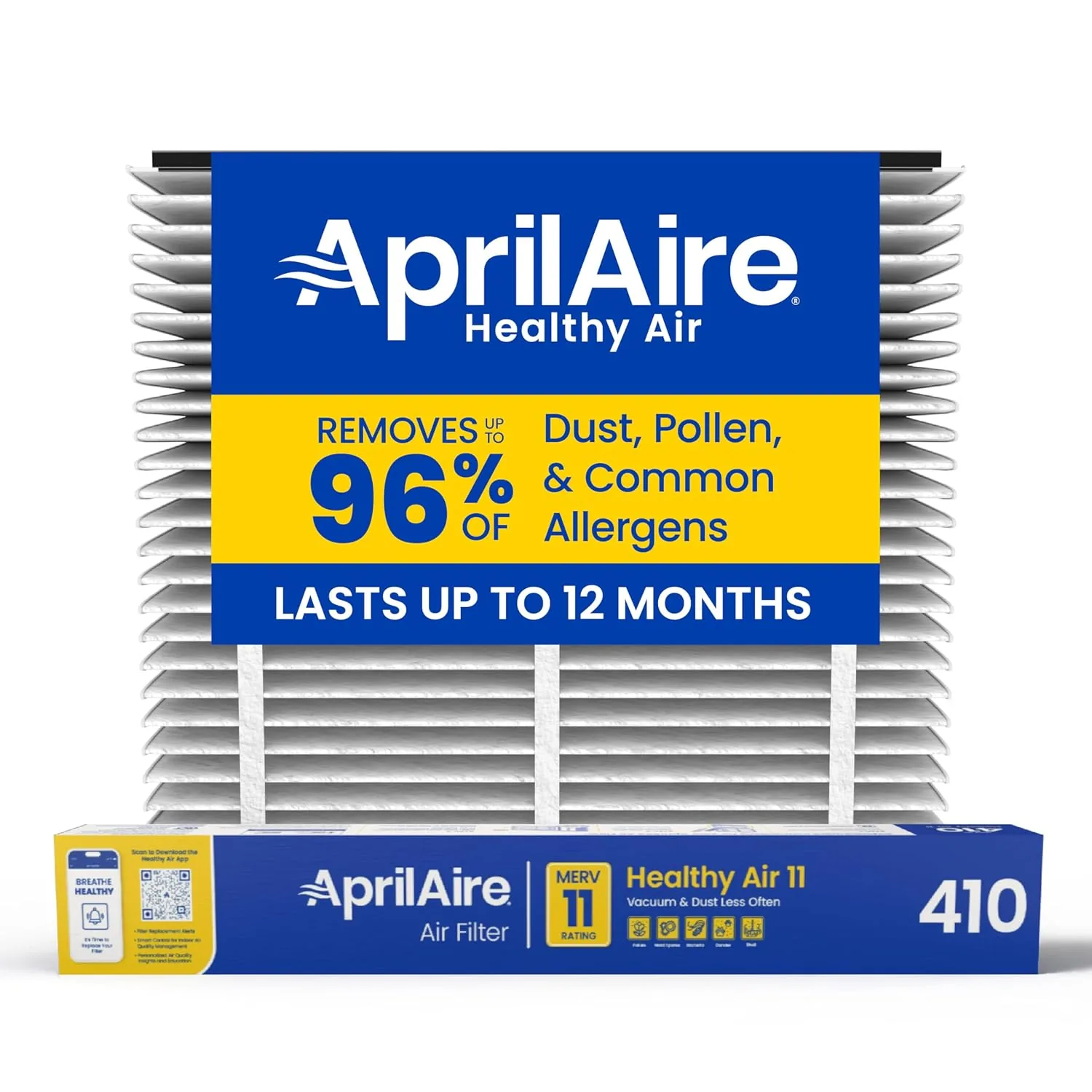 The AprilAire 410 media filter leaning against the open door of a whole house air cleaner