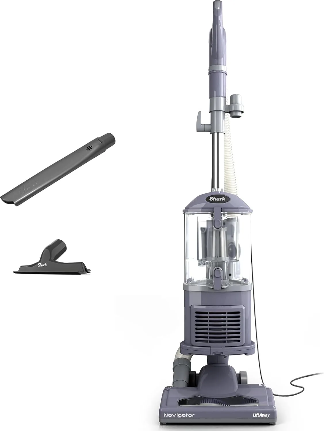 The Shark Navigator Lift-Away NV352 upright vacuum standing in a living room on carpet