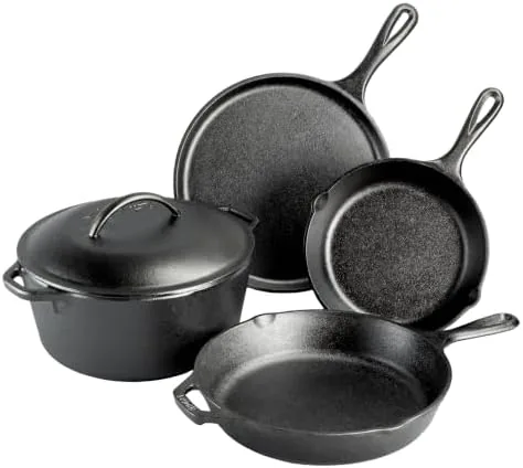 Lodge 5 piece cast iron set laid out on a kitchen counter