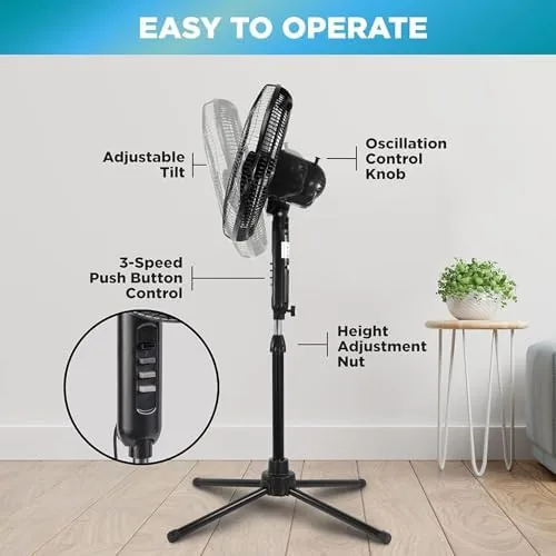 Comfort Zone pedestal fan oscillating across an open living room