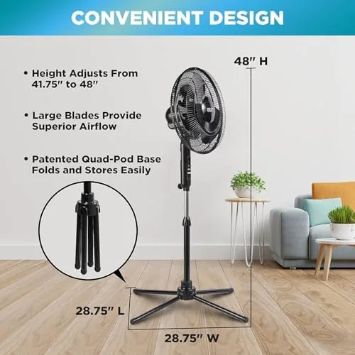 Pedestal fan blowing a breeze across a couch at high speed